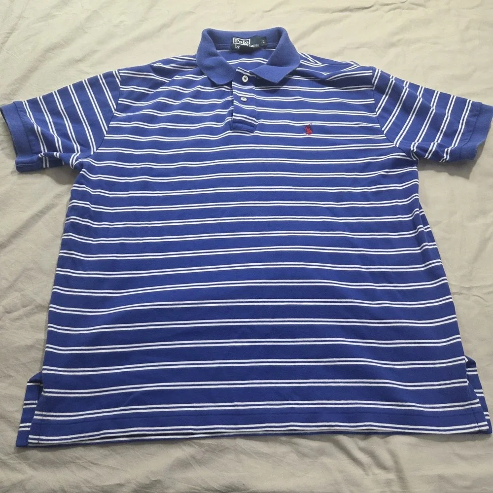 Polo Ralph Lauren Striped Polo Shirt Mens L Blue White‎ Pony Logo Short Sleeve